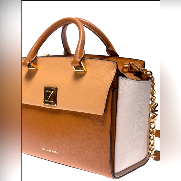 Michael Kors Handbags - Michael Kors Brown and White Satchel with Chain Strap